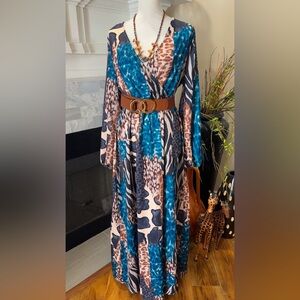 SHEIN Blue and Brown Long Sleeve Dress